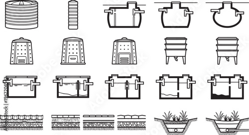 Illustrative of septic tank diagram. This illustration series provides a detailed look at various aspects of septic tank, offering a clear visual guide for understanding the structure. 