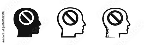 Human head with 'no entry' or ban symbol icon set in solid, outline, and sketch styles