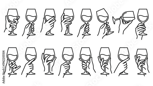 Collection of hands holding wine glasses, outline drawing, isolated on white.