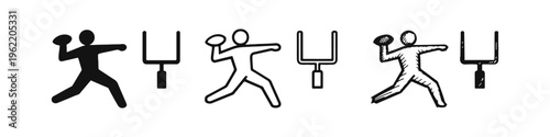 Football player throwing ball near goalposts icon set in solid, outline, and sketch styles