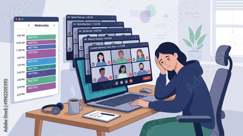 Exhausted Woman Experiencing Remote Work Burnout and Meeting Fatigue