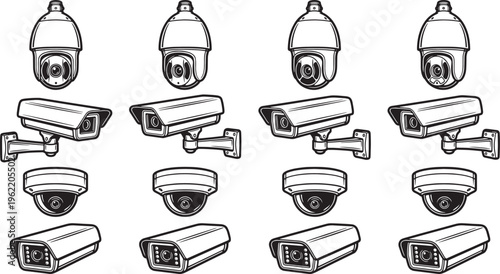 A collection of detailed black and white security cameras, showcasing various types ready to protect and watch everything, demonstrating surveillance technology and public safety.