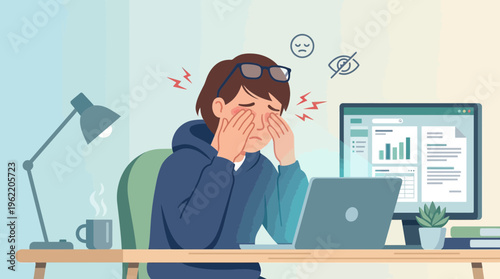 Remote Work Burnout and Eye Strain Illustration of Stressed Worker