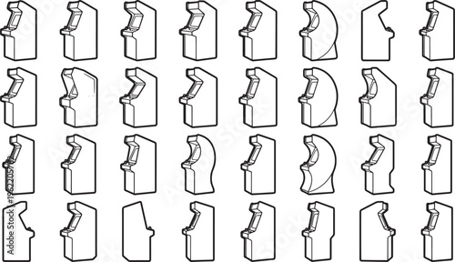 A collection of intricate vintage arcade machine designs presented in an abstract manner, offering a nostalgic tribute to classic gaming.