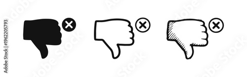 Thumbs Down Dislike Icon Set with X Mark for Rejection and Negative Feedback