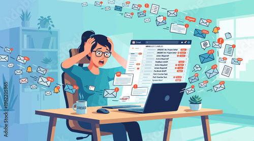 Remote Work Burnout Woman Overwhelmed by Infinite Emails in Home Office