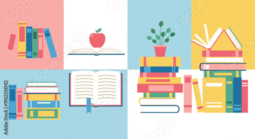 Books and reading collection with open book apple plant and stacked textbooks colorful vector illustration set isolated on white background