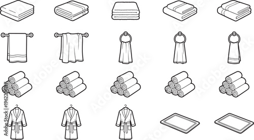 A variety of bathroom accessories for home and hotel use with outline style, including bath towels, dressing gowns, and bath mat.