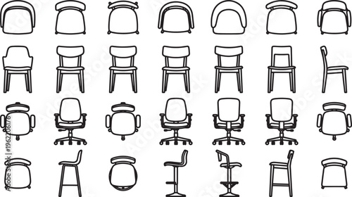 A comprehensive display showcasing various chair designs and styles, presented in a clean line-art format for a wide range of illustrative applications.