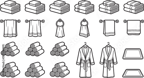A comprehensive collection of bathroom essentials: towels, robes, and mats, rendered in a clean, minimalist style.