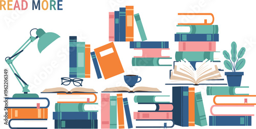 Stacked books collection with reading concept lamp glasses and plant colorful flat vector illustration isolated on white background
