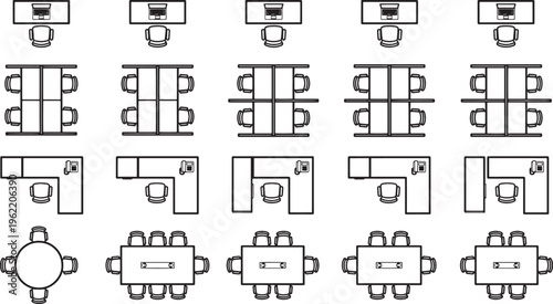 Illustrative arrangement of various office furniture configurations, including desks, tables and chairs, presented in a clean, minimalist style.