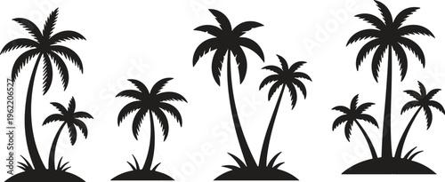 Tropical palm tree silhouette collection on small island landscapes, black beach nature icons isolated on light background for summer vacation, travel, and design