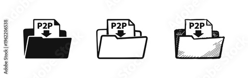 P2P File Download Icon Set with Folder and Arrow Symbol