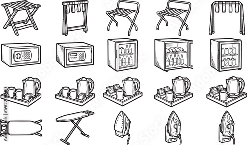 A collection of assorted hotel room furnishings and appliances presented in a minimalist, black-and-white line-art style.