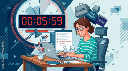 Stressed woman facing remote work burnout under tight deadline