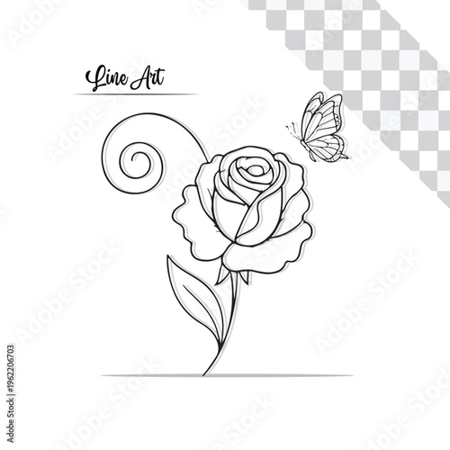 rose flower and butterfly lineart on transparent background