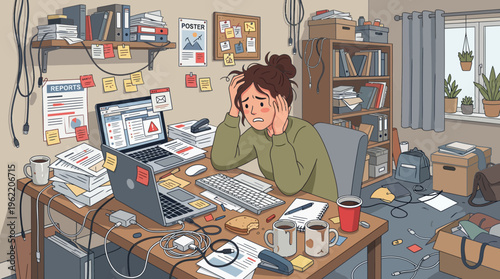 Woman Experiencing Remote Work Burnout in Cluttered Home Office