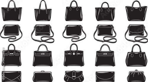 Elegant showcase of diverse handbags, a collection of stylish accessory designs with a range of silhouettes and functionalities, reflecting contemporary fashion and individual style.