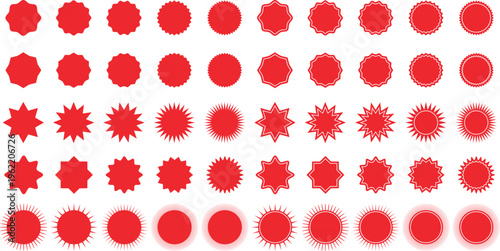 Set of red starburst. Price sticker, sale sticker, price tag, starburst, quality mark, retro stars, sale.and badges. Red starburst, sunburst, stamp, seal, label or burst, badge, sticker