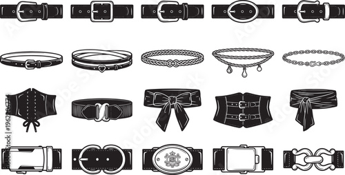 Diverse belt collection illustration on display, from classic leather to decorative designs, a collection showcasing various styles of waist accessories.