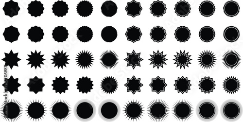 Set of sale sticker, price tag, starburst, quality mark, sunburst badges, retro stars. Flat vector design elements. Starburst speech bubbles or attention grabber set
