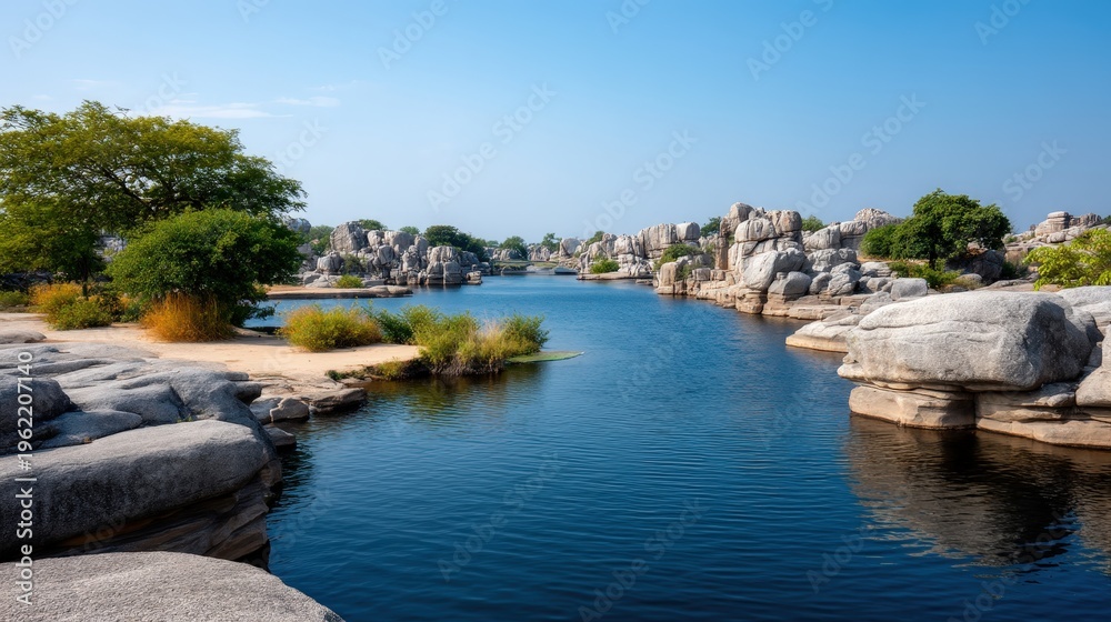 Fototapeta premium The landscape shows a body of water surrounded by large rock formations and an island. Hills can be seen under a blue sky