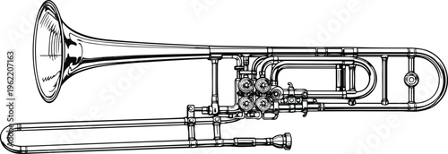 Brass Trombone with Valve System Line Art – Musical Instrument Illustration	