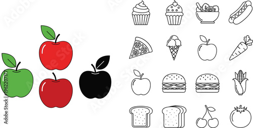 Apple icons collection with colored and outline food elements including fruits bakery and fast food vector illustration isolated on white background