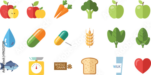 Healthy food and nutrition icons set with fruits vegetables grains supplements and wellness symbols flat vector illustration isolated on white background