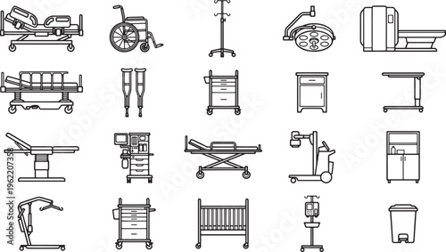 A compilation of essential medical equipment arranged in a linear fashion, offering a comprehensive view of critical tools for healthcare and patient care.
