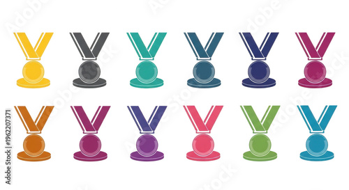 Set of colorful pixel art medal icons for games and digital design isolated png