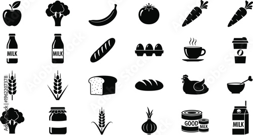 Food silhouette icons set with fruits vegetables bread milk coffee and grocery items vector illustration isolated on white background