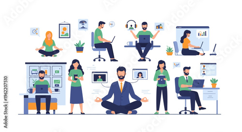 Modern Work Environment: Remote Teams, Productivity, Online Collaboration & Work-Life Balance Illustration