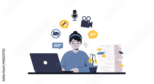 Online Work Burnout: Stressed Employee Overwhelmed by Digital Meetings, Communication Overload, and Heavy Workload at Desk