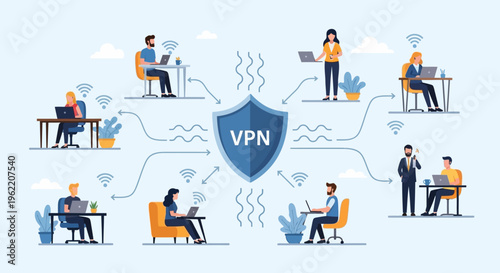 Secure Remote Work & Online Privacy: Virtual Private Network (VPN) Concept Connecting Distributed Teams and Global Users with Data Protection