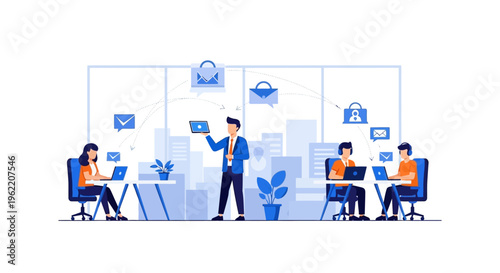 Digital Communication & Team Collaboration in Modern Office. Business People Working, Sharing Data, and Managing Projects with Technology.