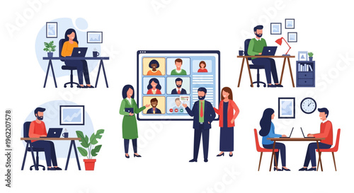 Remote Work, Hybrid Office & Digital Collaboration Vector. Professionals Working on Laptops, Video Conferencing, and Engaging in Productive Digital Business Meetings.