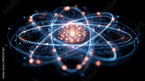 Atomic model with electrons orbiting around a glowing nucleus 