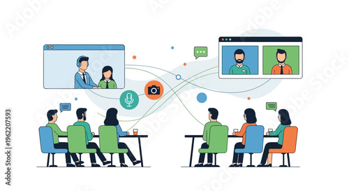 Hybrid Meeting & Remote Work Concept: Illustration of Virtual Conference, In-Person Teams, and Digital Collaboration Technology