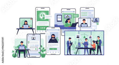 Digital Communication & Collaboration: Remote Work, Virtual Meetings, Social Networking, Connected Teams Online via Laptops & Smartphones