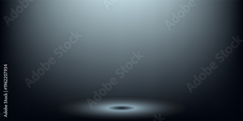 Black gradient studio background with glowing light on floor and wall, empty room interior for displaying merchandise in night tone with shiny surface for car, motorcycle, modern technology.