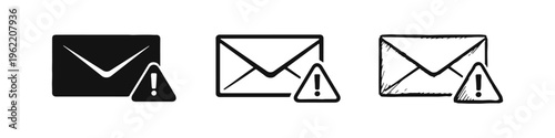 Email Message Warning Icon Set with Exclamation Mark. Mail Alert Symbols in Filled, Outline, and Hand-Drawn Styles.