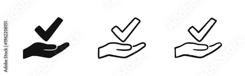 Hand Holding Checkmark Icon Set. Approval, Success, and Confirmation Symbols in Filled, Outline, and Hand-Drawn Styles.