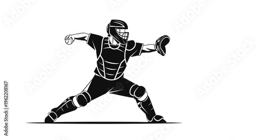 Stylized black and white illustration of a baseball catcher in full gear, preparing to throw the ball during a game.