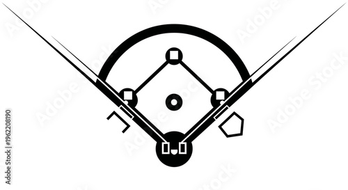 Overhead view of a baseball diamond with bases, pitcher's mound, and home plate, rendered in a minimalist black and white line art style.