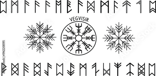 Norse runes alphabet with Viking symbols and Vegvisir compass, ancient Scandinavian signs illustration for mythology, magic, history and spiritual design