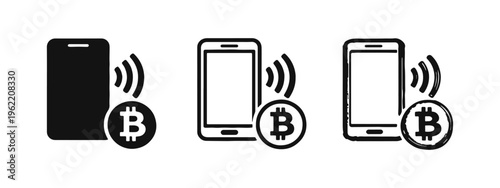 Mobile Bitcoin Payment and Cryptocurrency Transaction Icons Set, Smartphone with Wireless Signal and Bitcoin Symbol