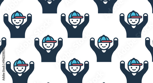Seamless pattern of cartoon boys wearing baseball caps and raising their arms in a cheerful, celebratory gesture on a white background, ideal for textiles or digital use.
