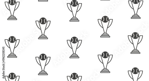 Seamless pattern featuring multiple baseball trophies with balls on a white background, symbolizing victory and sports achievement.